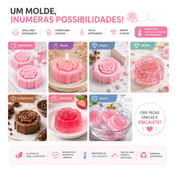 Molde Silicone Rosa Luxo Forma Sabonete Vela Gesso Resina Rosa-chiclete — imagem 4