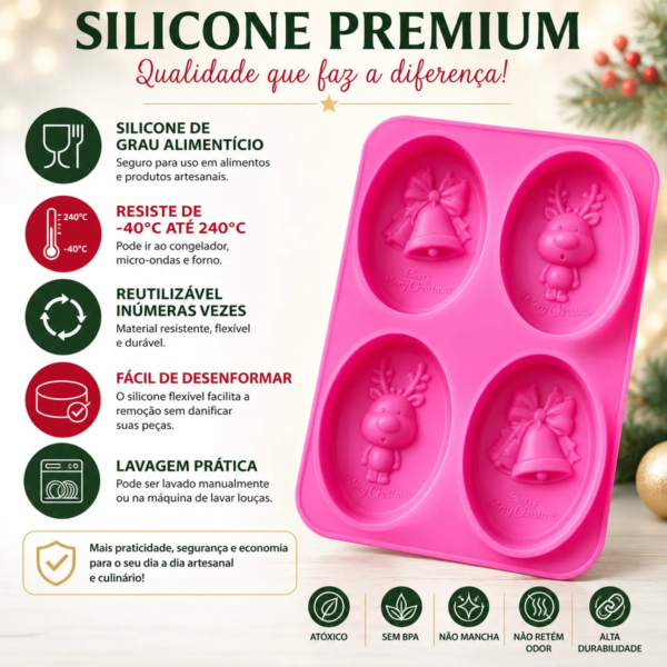 Molde De Silicone Motivos Natalinos Oval 100g 4 Cavidades Fúcsia — imagem 3