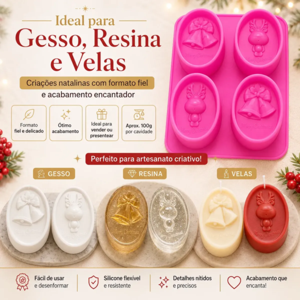 Molde De Silicone Motivos Natalinos Oval 100g 4 Cavidades Fúcsia — imagem 6