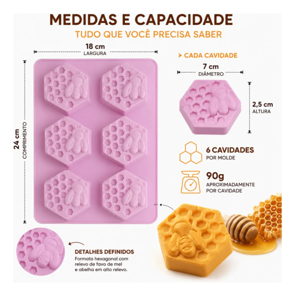 Molde Silicone Abelha Favo Mel Hexagonal Grande 6 Cavidades Lilás — imagem 2