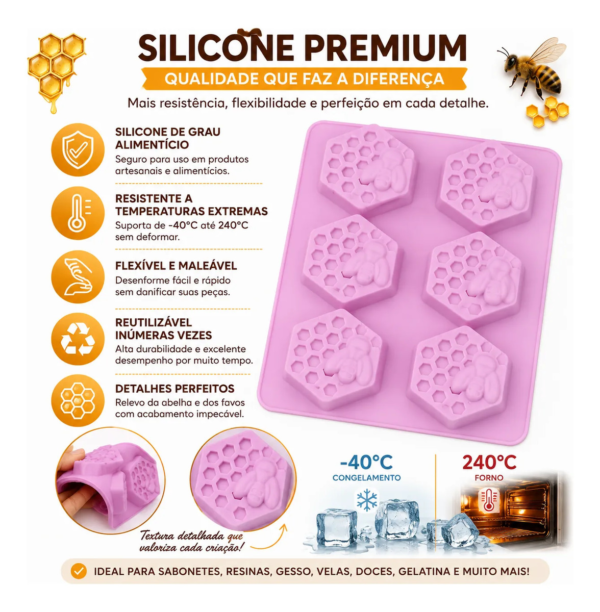 Molde Silicone Abelha Favo Mel Hexagonal Grande 6 Cavidades Lilás — imagem 3