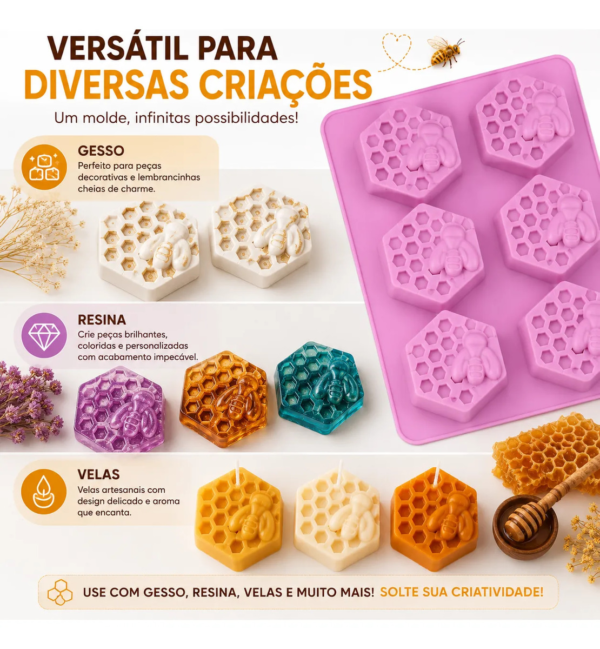 Molde Silicone Abelha Favo Mel Hexagonal Grande 6 Cavidades Lilás — imagem 6