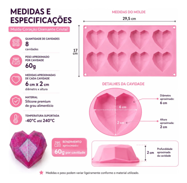 Molde Silicone Coração Diamante Cristal 8 Cavidades Premium Rosa — imagem 2