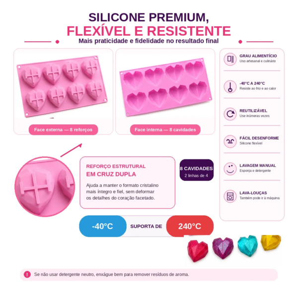 Molde Silicone Coração Diamante Cristal 8 Cavidades Premium Rosa — imagem 3