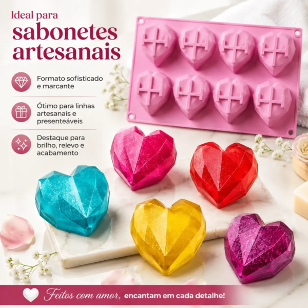 Molde Silicone Coração Diamante Cristal 8 Cavidades Premium Rosa — imagem 5
