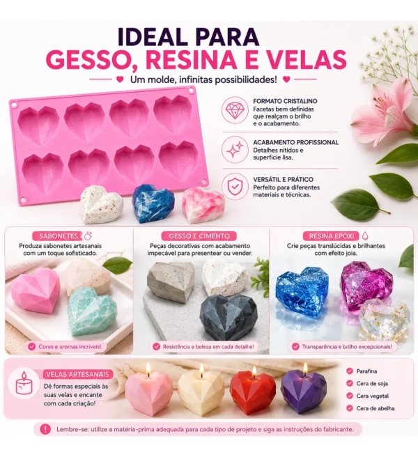 Molde Silicone Coração Diamante Cristal 8 Cavidades Premium Rosa — imagem 6