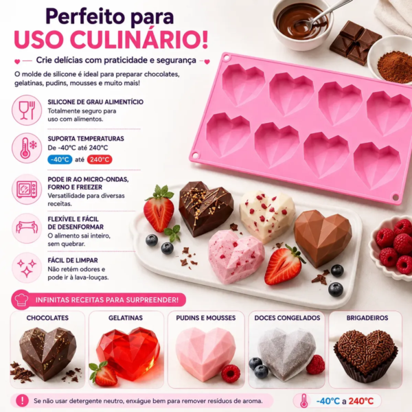 Molde Silicone Coração Diamante Cristal 8 Cavidades Premium Rosa — imagem 7