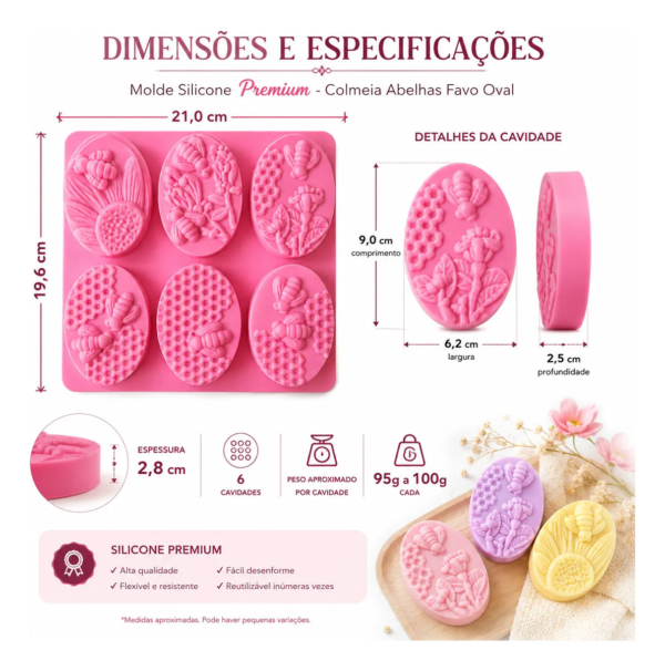 Molde Silicone Abelha Colmeia Oval 100g Sabonete Premium Rosa — imagem 2