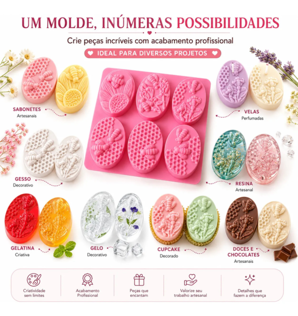 Molde Silicone Abelha Colmeia Oval 100g Sabonete Premium Rosa — imagem 4