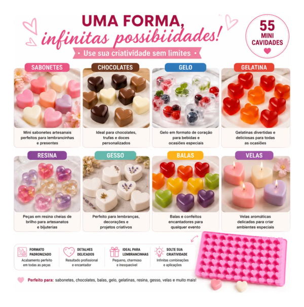 Forma Silicone Mini Coração Molde 55 Cavidades Sabonete Doce Rosa — imagem 4