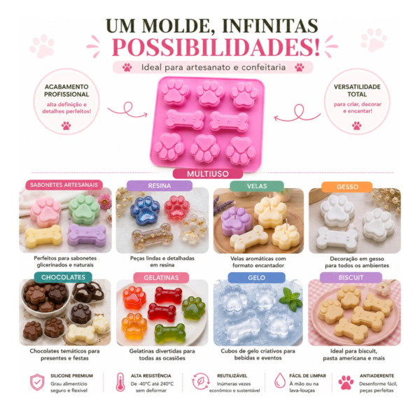 Forma Silicone Patinha Pet E Ossinho Molde Premium Biscuit Rosa — imagem 4