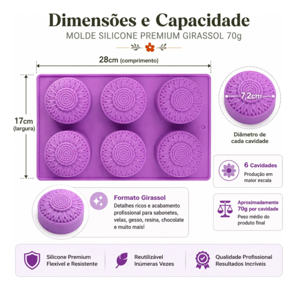 Forma Silicone Flor Girassol Luxo 6 Cavidades Molde Premium Rosa — imagem 2