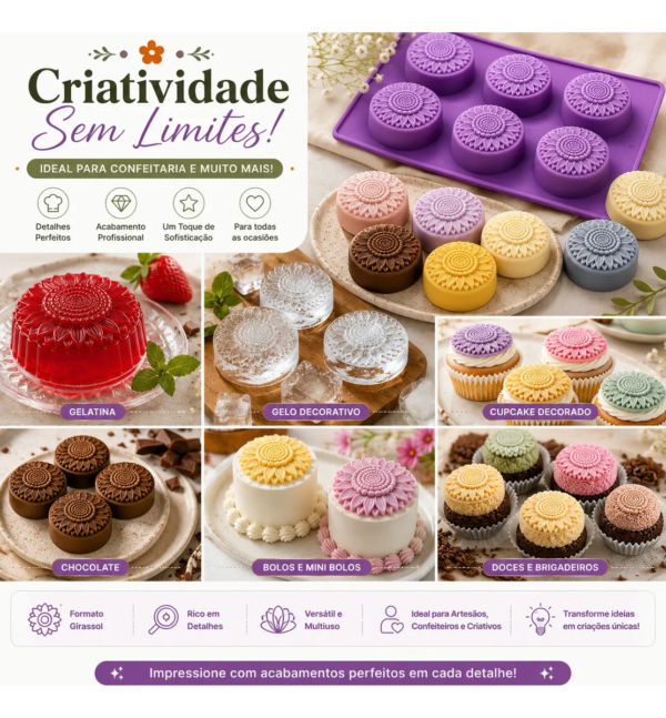 Forma Silicone Flor Girassol Luxo 6 Cavidades Molde Premium Rosa — imagem 6