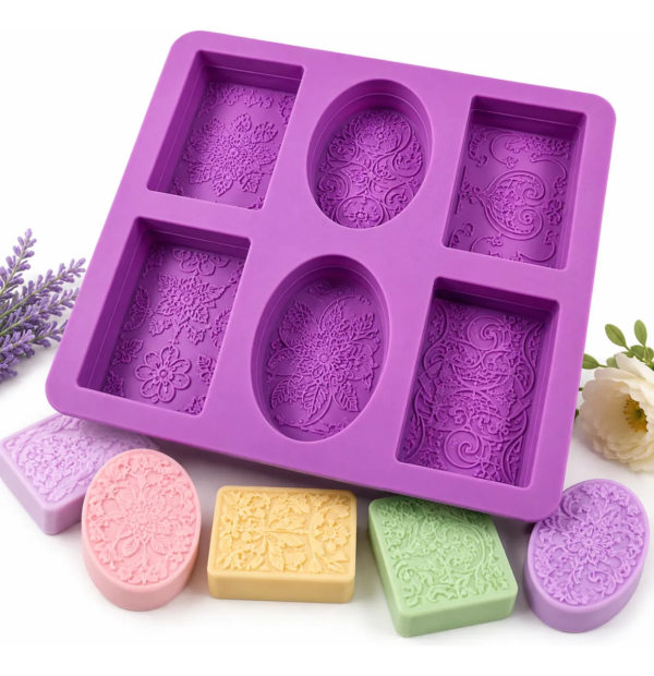 Forma Silicone Retangular Oval Arabesco Floral 6 Cavidades Lilás — imagem 1