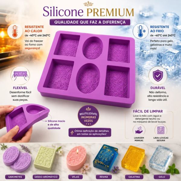 Forma Silicone Retangular Oval Arabesco Floral 6 Cavidades Lilás — imagem 3