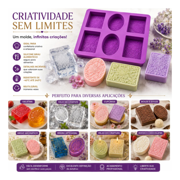 Forma Silicone Retangular Oval Arabesco Floral 6 Cavidades Lilás — imagem 6