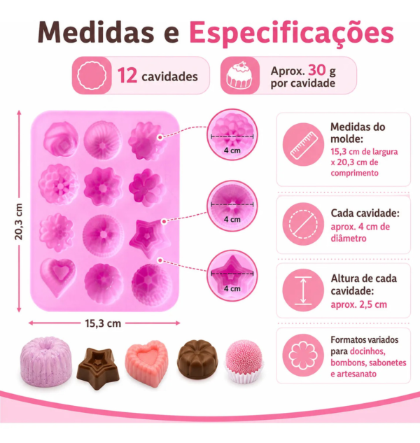 Molde Silicone Premium Docinhos Bombom Chocolate 12 Cavidade Rosa — imagem 2