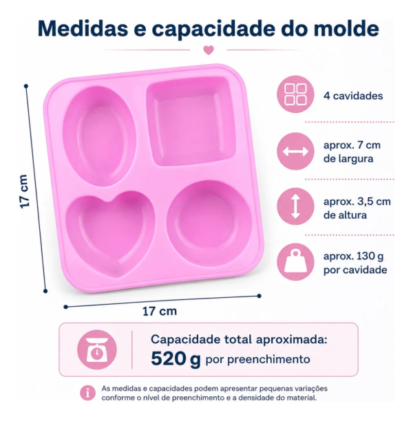 Molde Silicone Coração Quadrado Redondo Oval 4 Cavidades Rosa — imagem 3