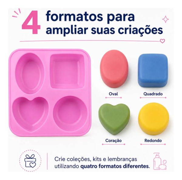 Molde Silicone Coração Quadrado Redondo Oval 4 Cavidades Rosa — imagem 4