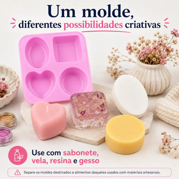 Molde Silicone Coração Quadrado Redondo Oval 4 Cavidades Rosa — imagem 6