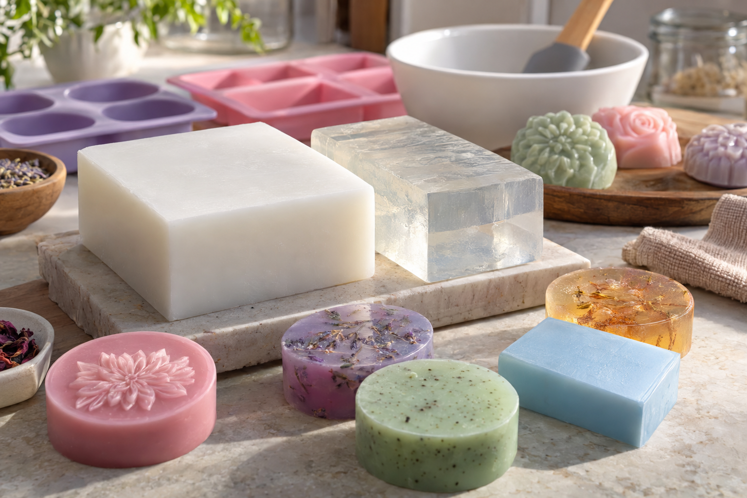 Bases glicerinadas branca e transparente ao lado de sabonetes artesanais com acabamentos opacos e translúcidos.