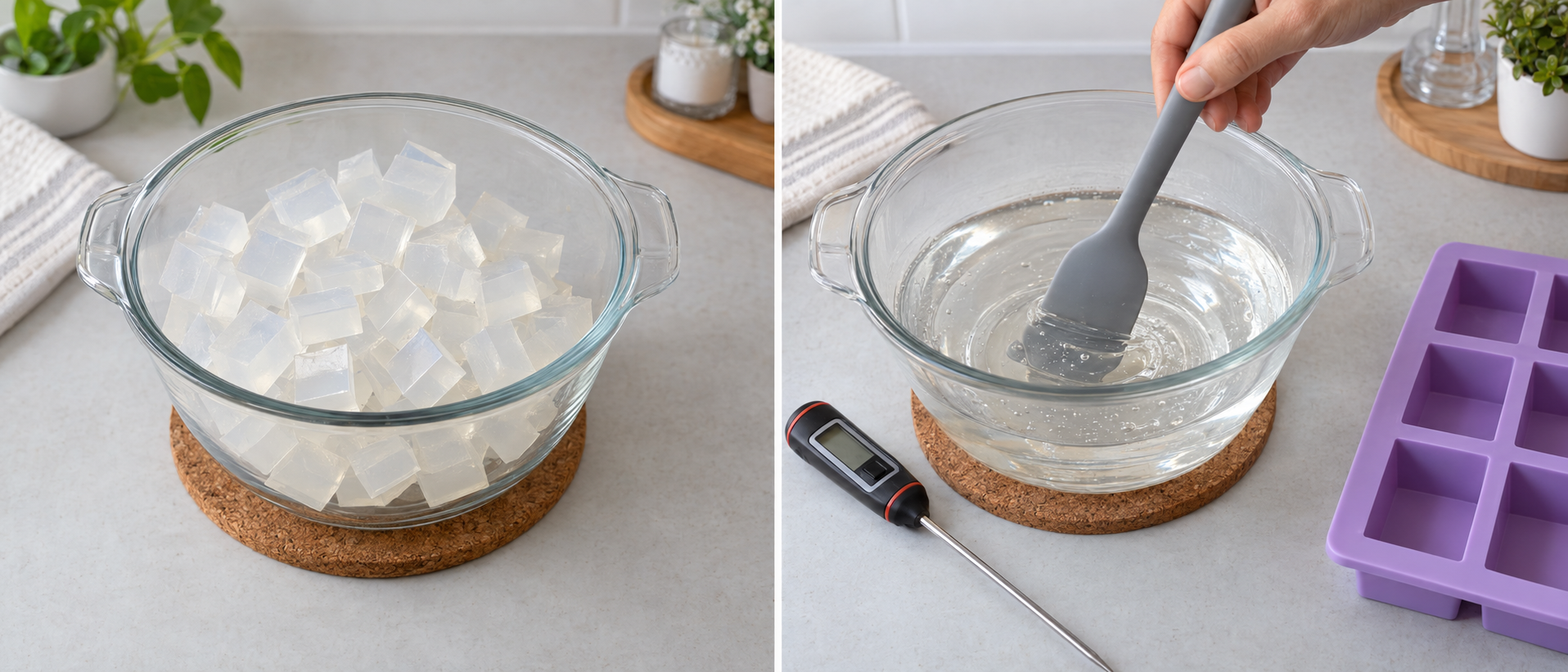 Base glicerinada cortada em cubos e depois derretida com controle de temperatura antes da moldagem.