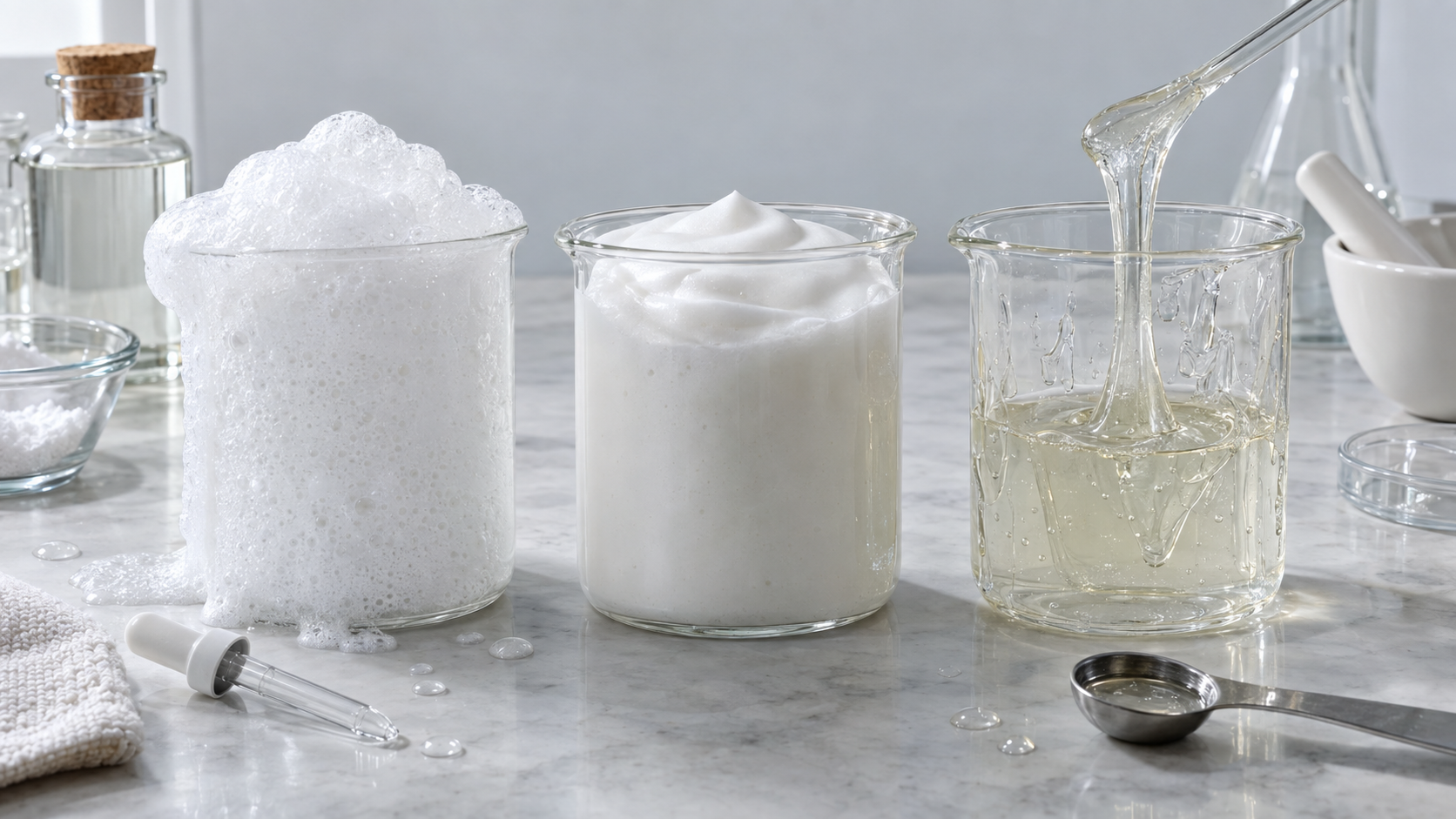 Comparação visual entre formação de espuma, equilíbrio tensoativo e viscosidade em três béqueres