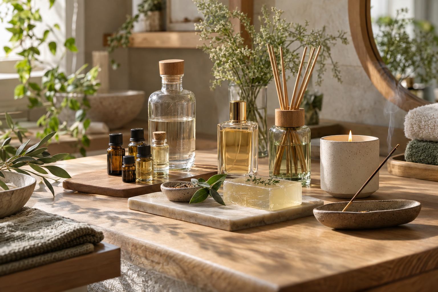 Essências e diferentes produtos artesanais organizados sobre uma bancada de produção