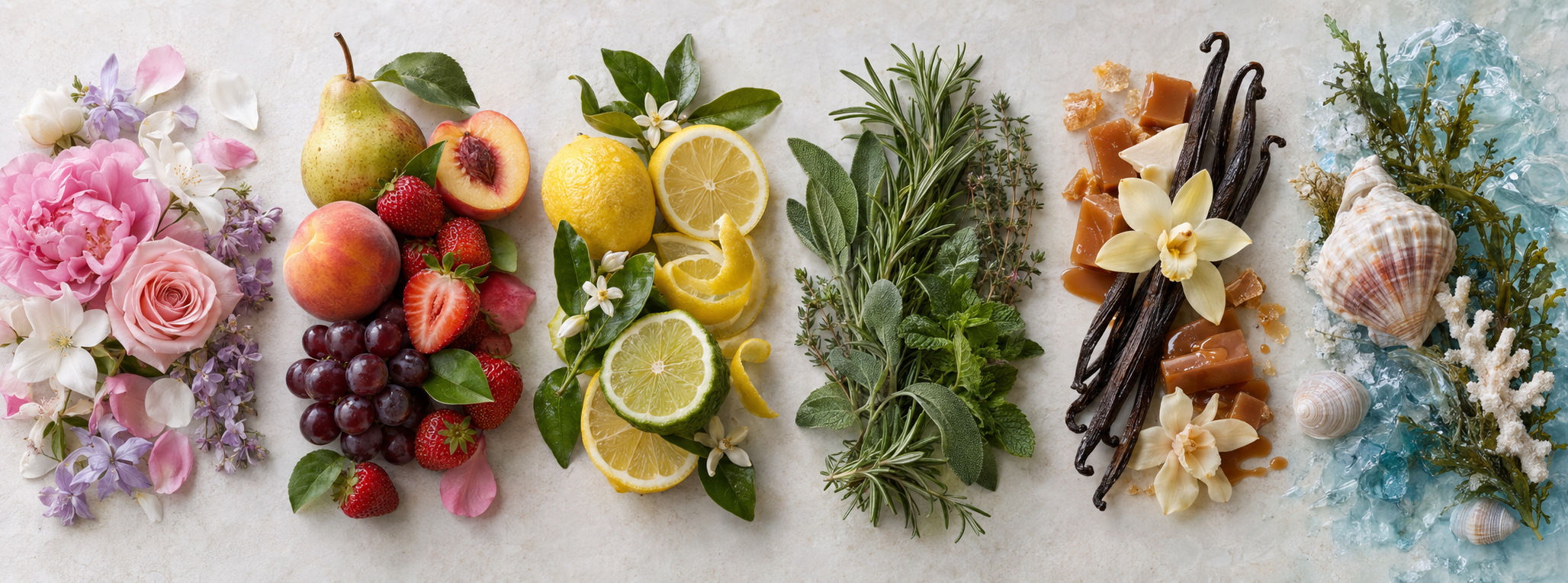 Comparação visual entre as famílias olfativas floral, frutada, cítrica, herbal, doce e marinha.