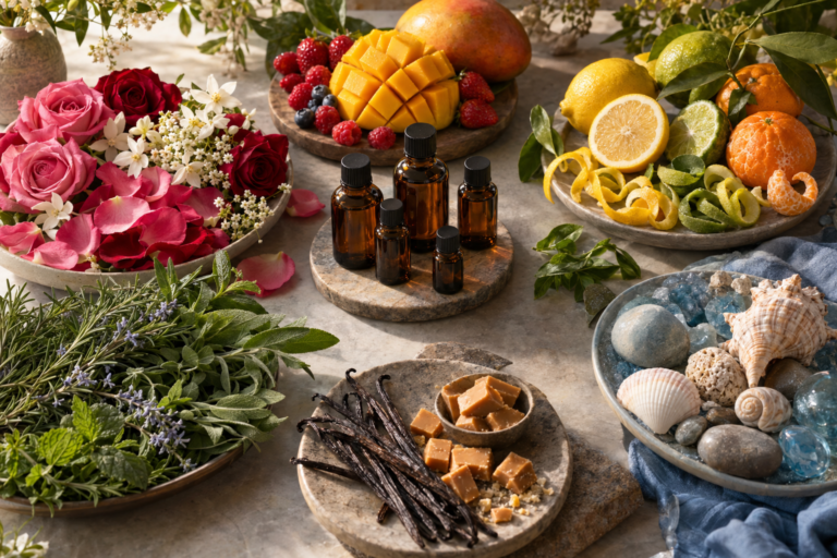 Essências representadas por flores, frutas, cítricos, ervas, notas doces e elementos marinhos.