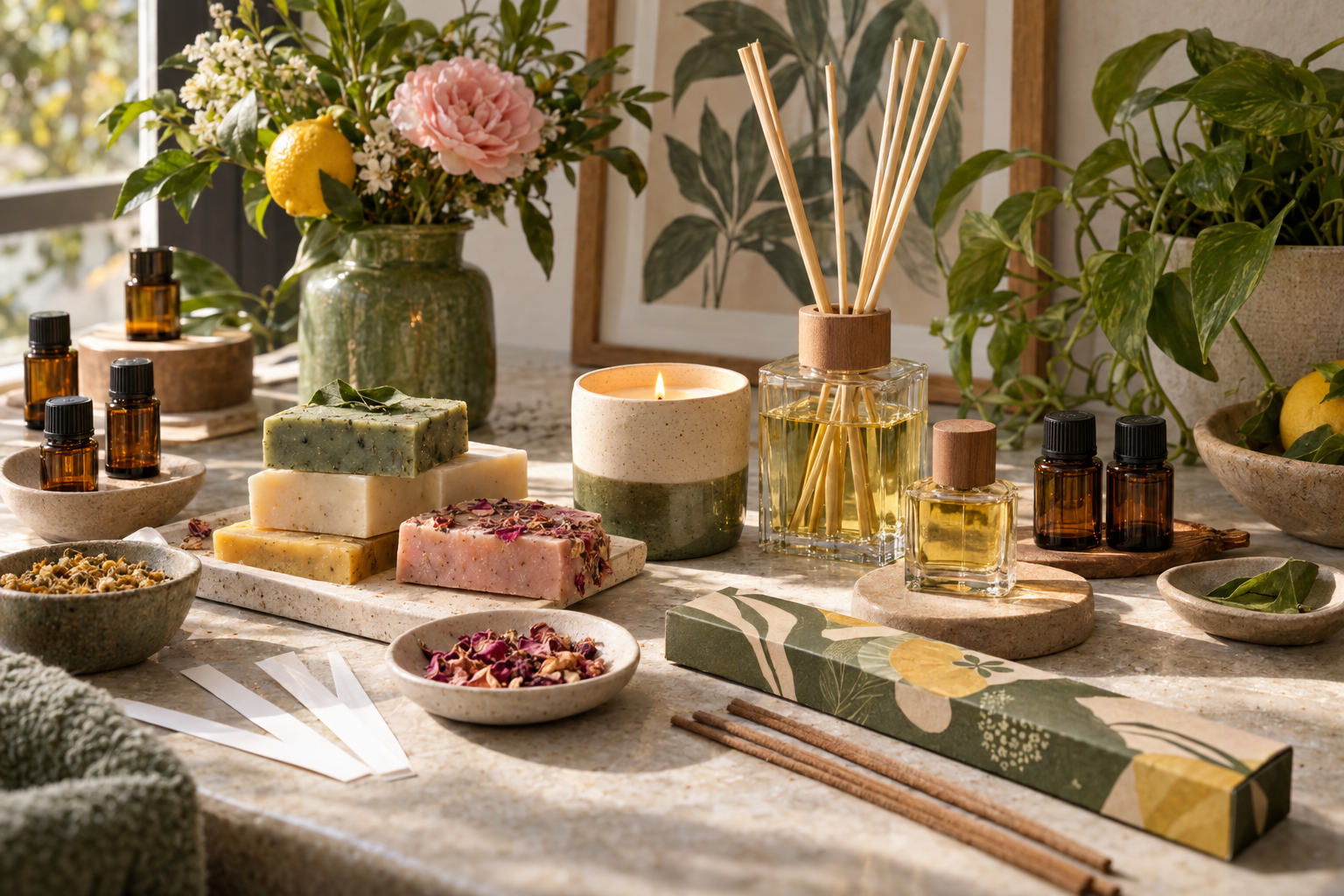 Coleção coerente de aromas aplicada a sabonetes, vela, difusor, perfume e incenso artesanal