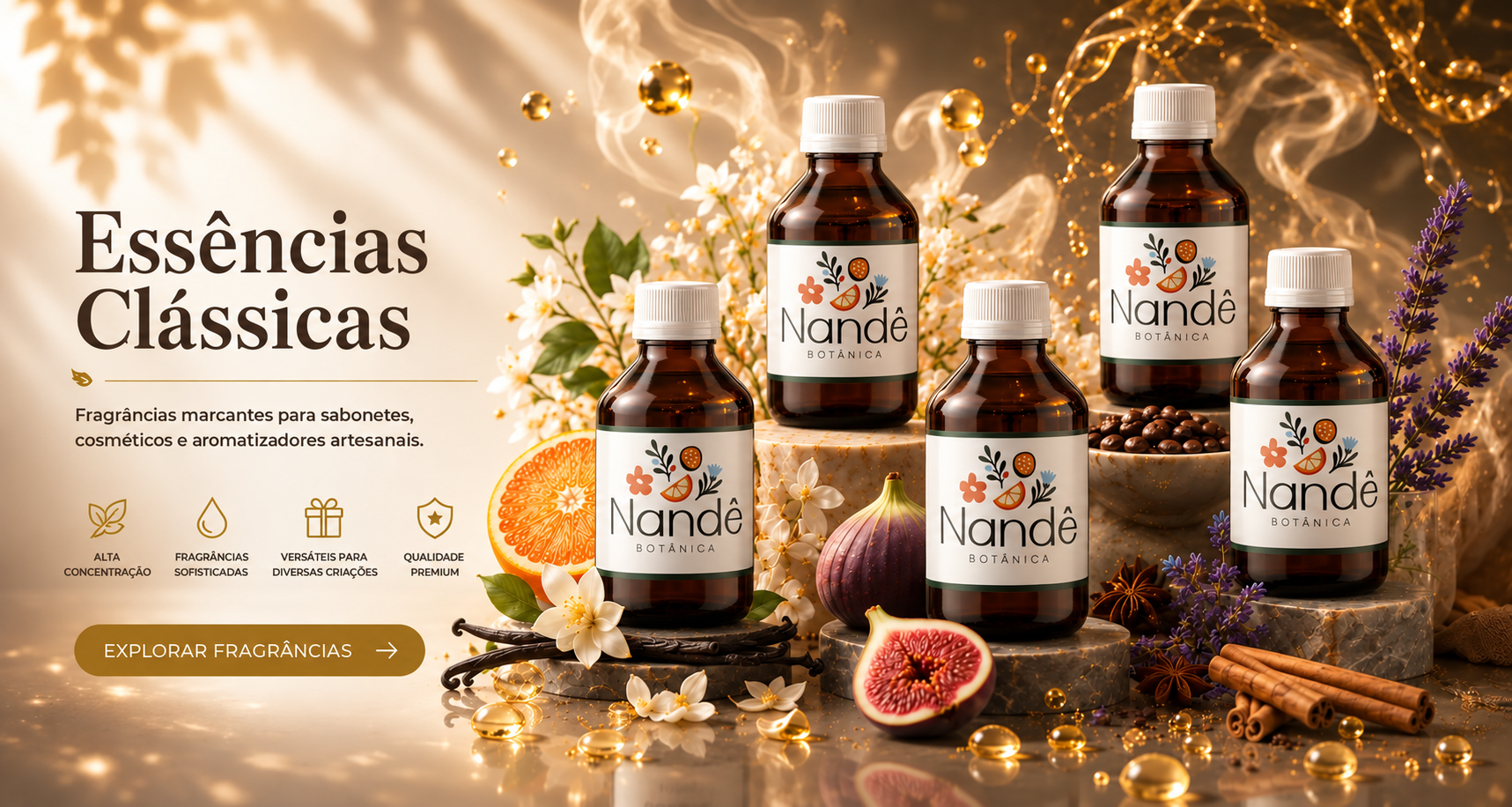 Essências Clássicas Nandê Botânica: fragrâncias para sabonetes, cosméticos e aromatizadores artesanais. Explorar fragrâncias.
