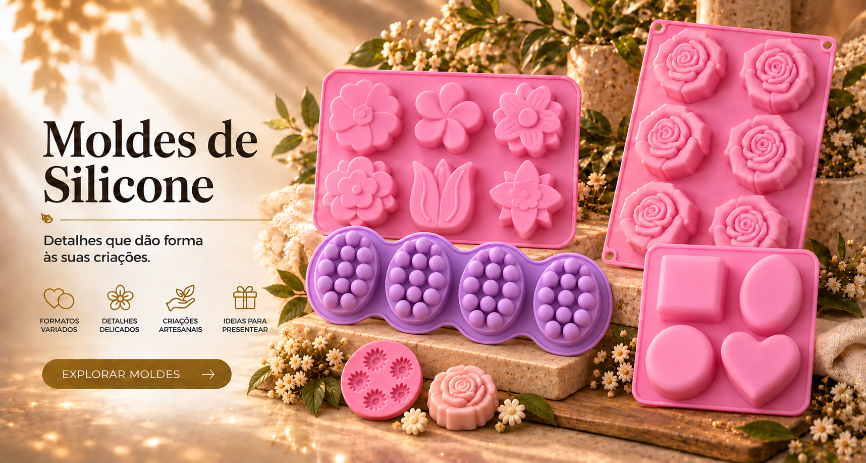 Moldes de Silicone: formatos florais, geométricos e massageador para suas criações. Explorar moldes.