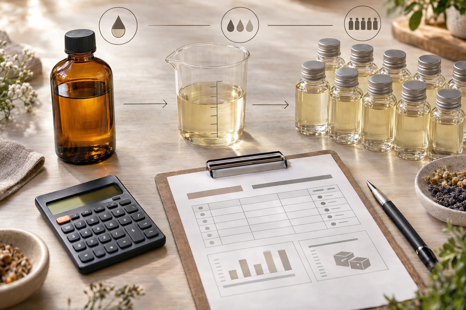 Materiais usados para calcular o consumo de essência por lote na produção artesanal