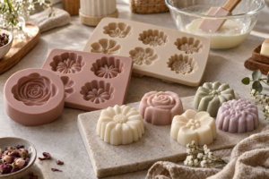 Moldes de silicone com uma e várias cavidades ao lado de sabonetes artesanais desenformados