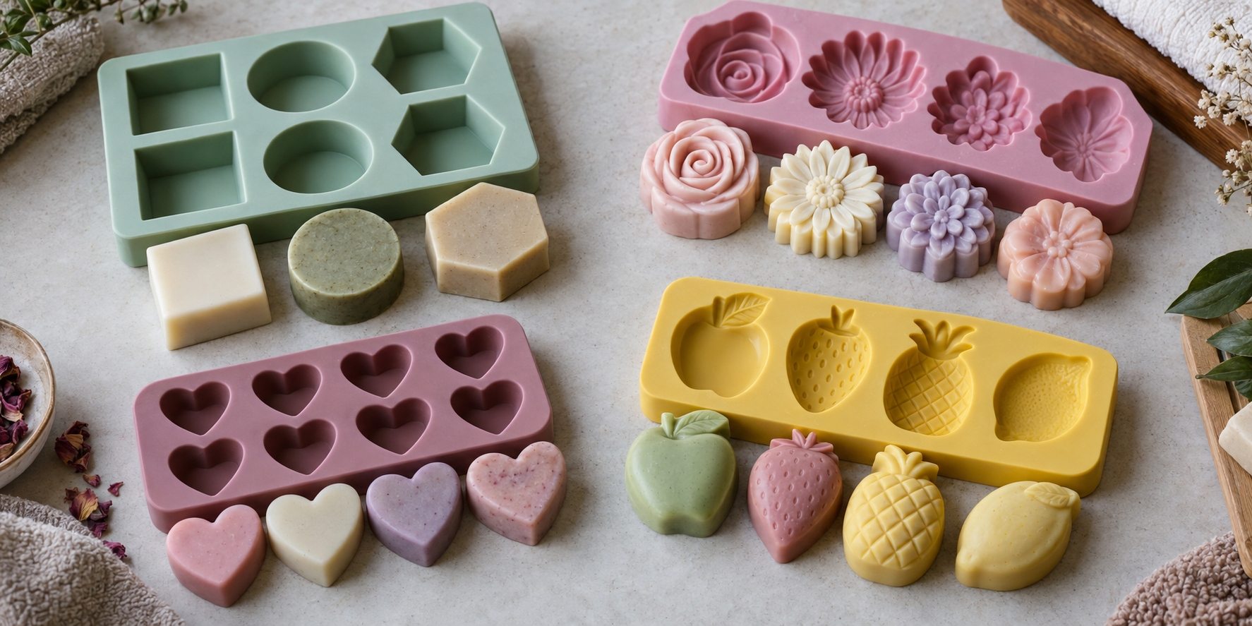 Comparação entre moldes de silicone geométricos, florais, pequenos e temáticos para sabonetes artesanais.