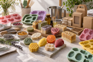 Sabonetes artesanais em diferentes formatos ao lado de moldes de silicone sobre uma bancada organizada.