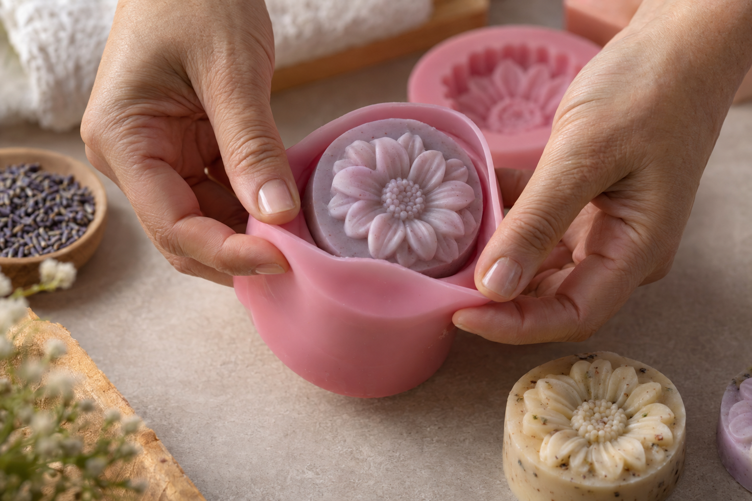 Desenformagem cuidadosa de um sabonete floral com as bordas do molde de silicone sendo afastadas