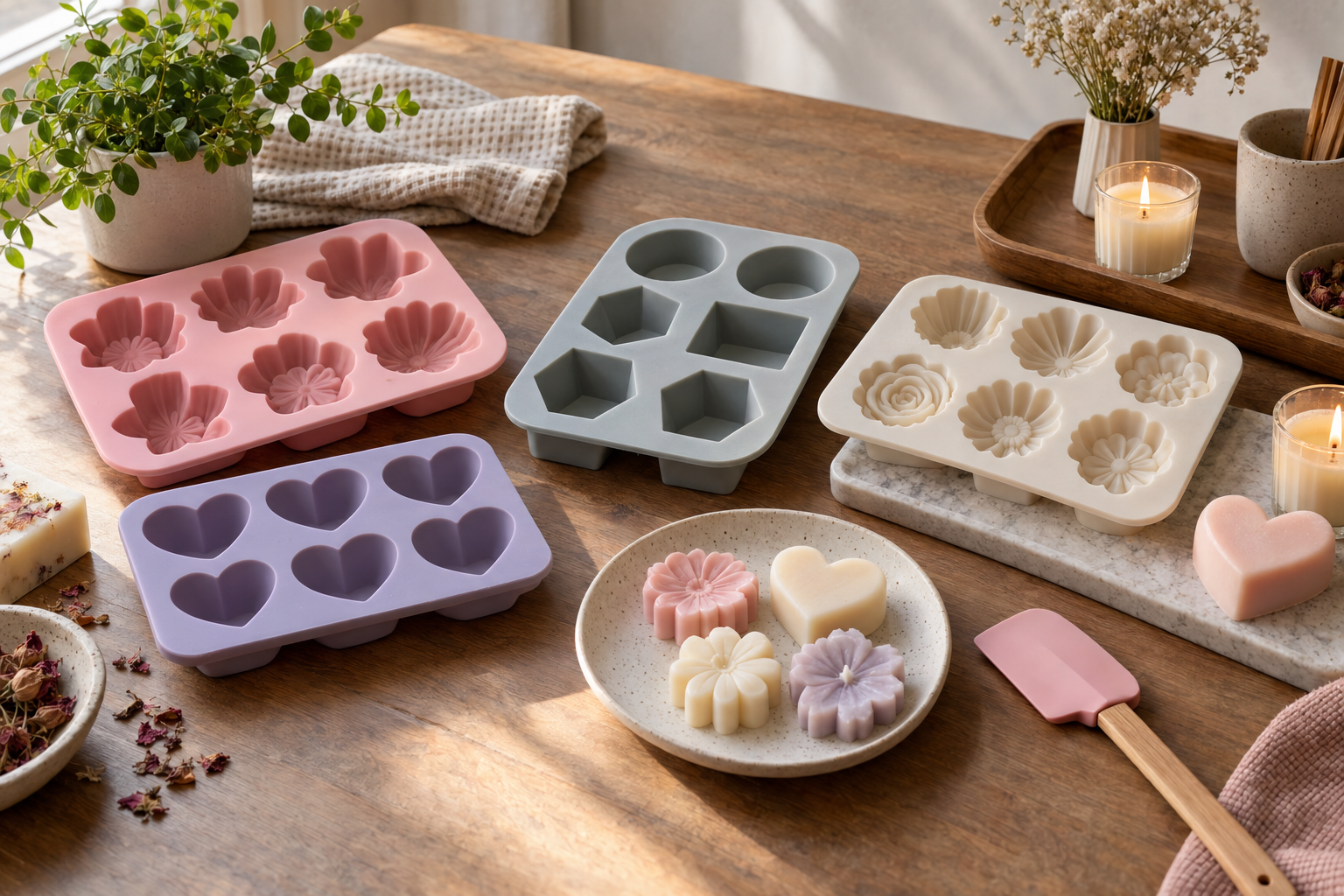Moldes de silicone organizados sobre uma bancada de produção artesanal com sabonetes e velas desenformados