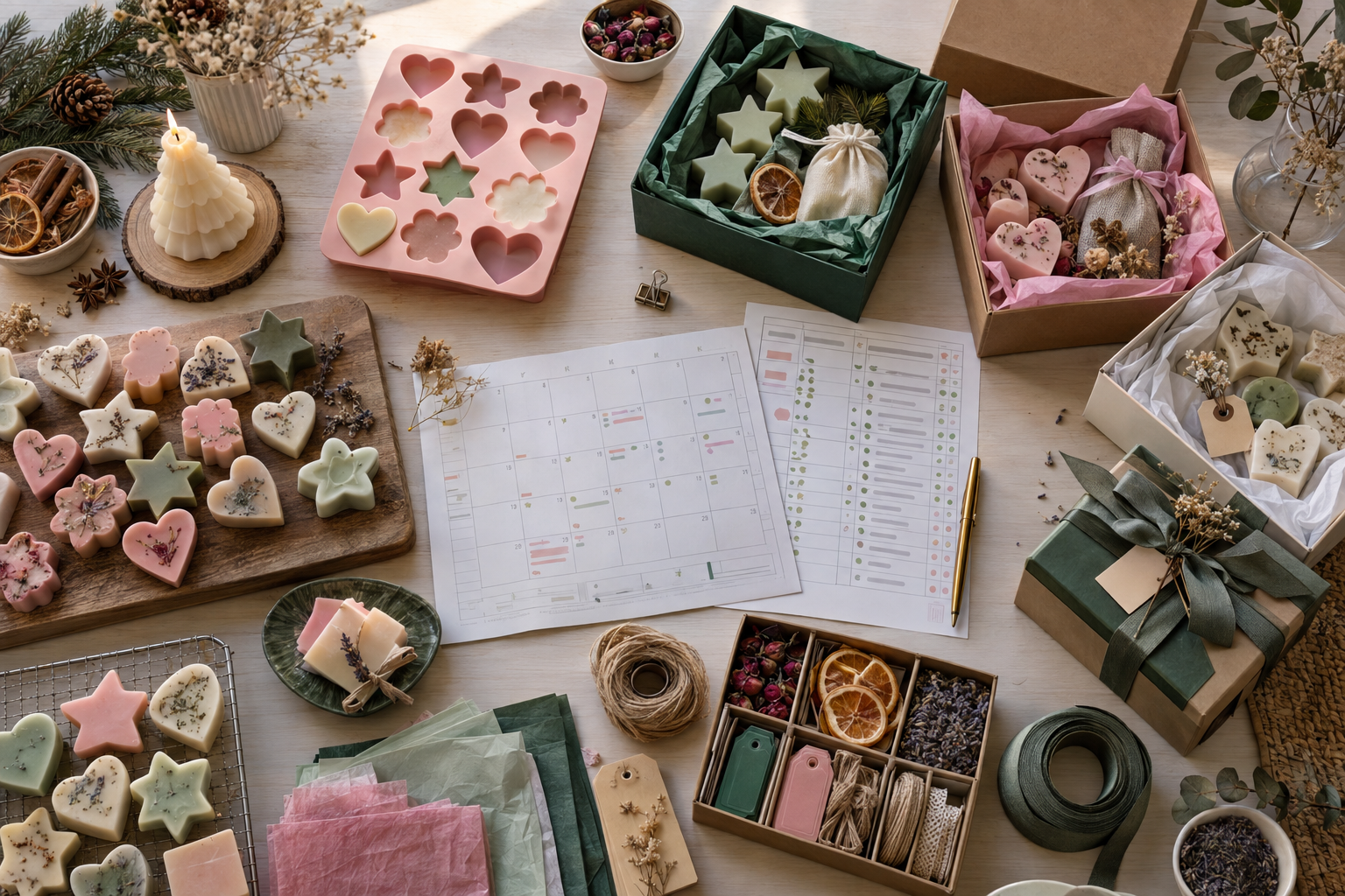 Planejamento de coleção sazonal com moldes, produtos artesanais, calendário e embalagens