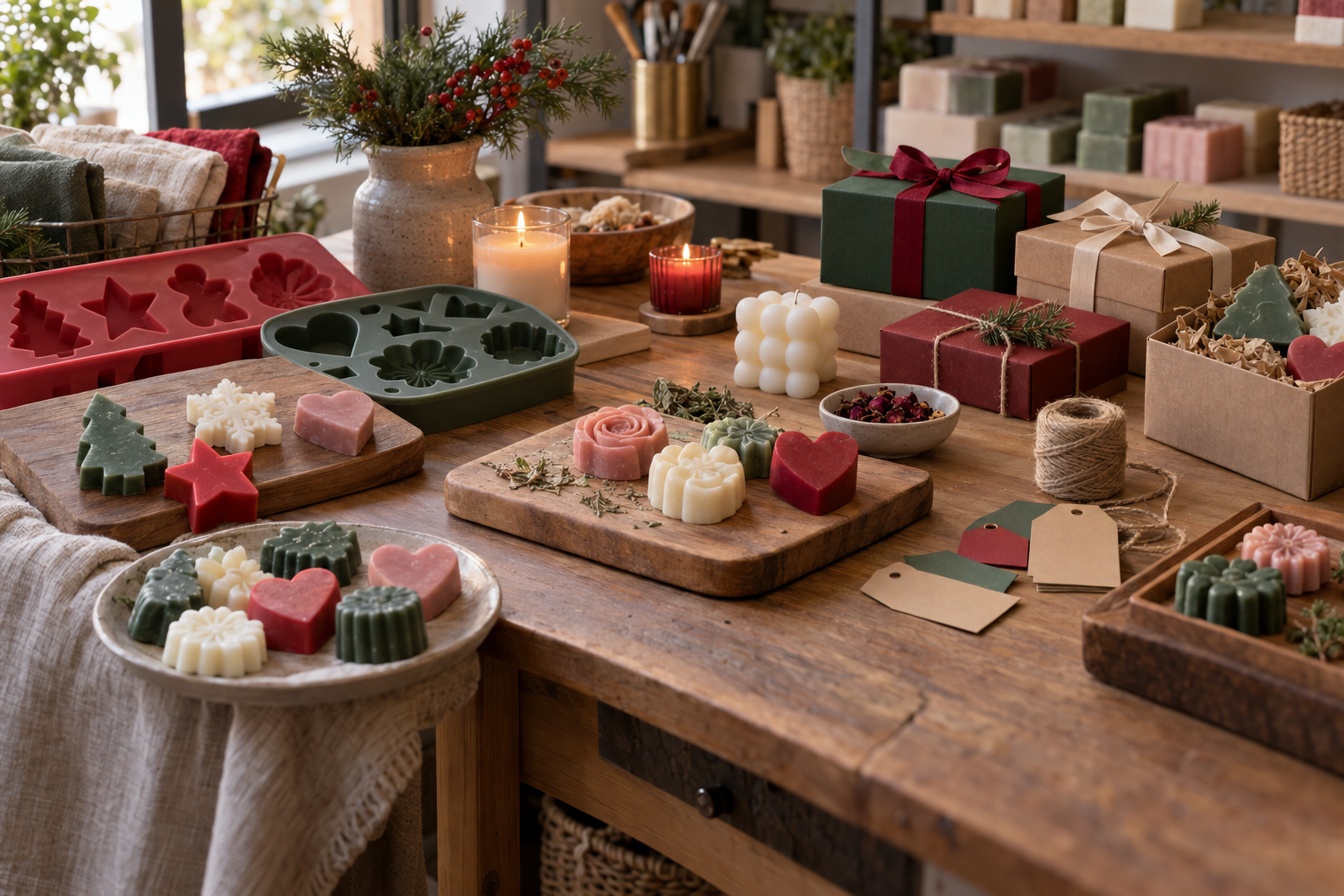 Moldes temáticos de silicone, sabonetes e velas artesanais preparados para datas comemorativas
