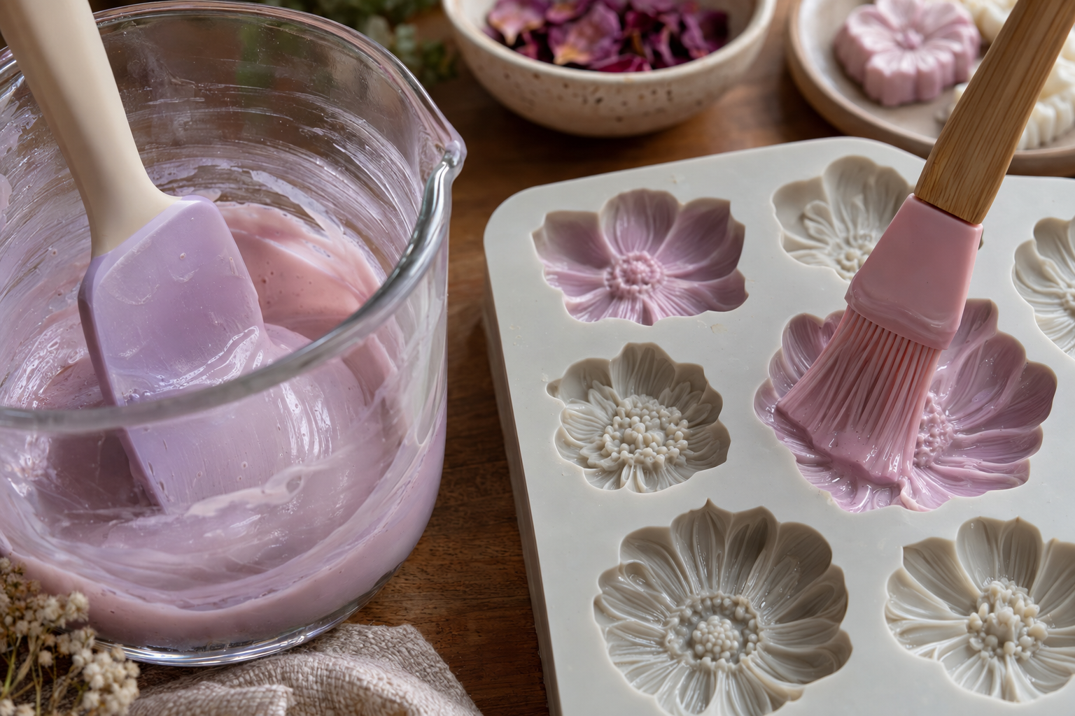 Espátula raspando um recipiente e pincel de silicone trabalhando detalhes de um molde floral.