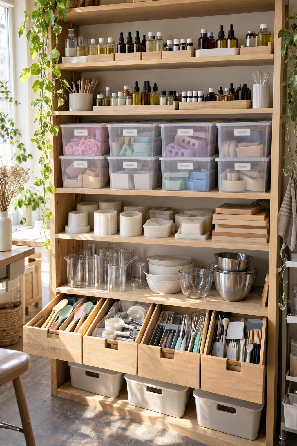 Estante dividida em zonas para organizar insumos e utensílios de produção artesanal