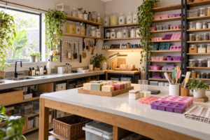 Espaço pequeno de produção artesanal organizado com bases, essências, moldes e utensílios