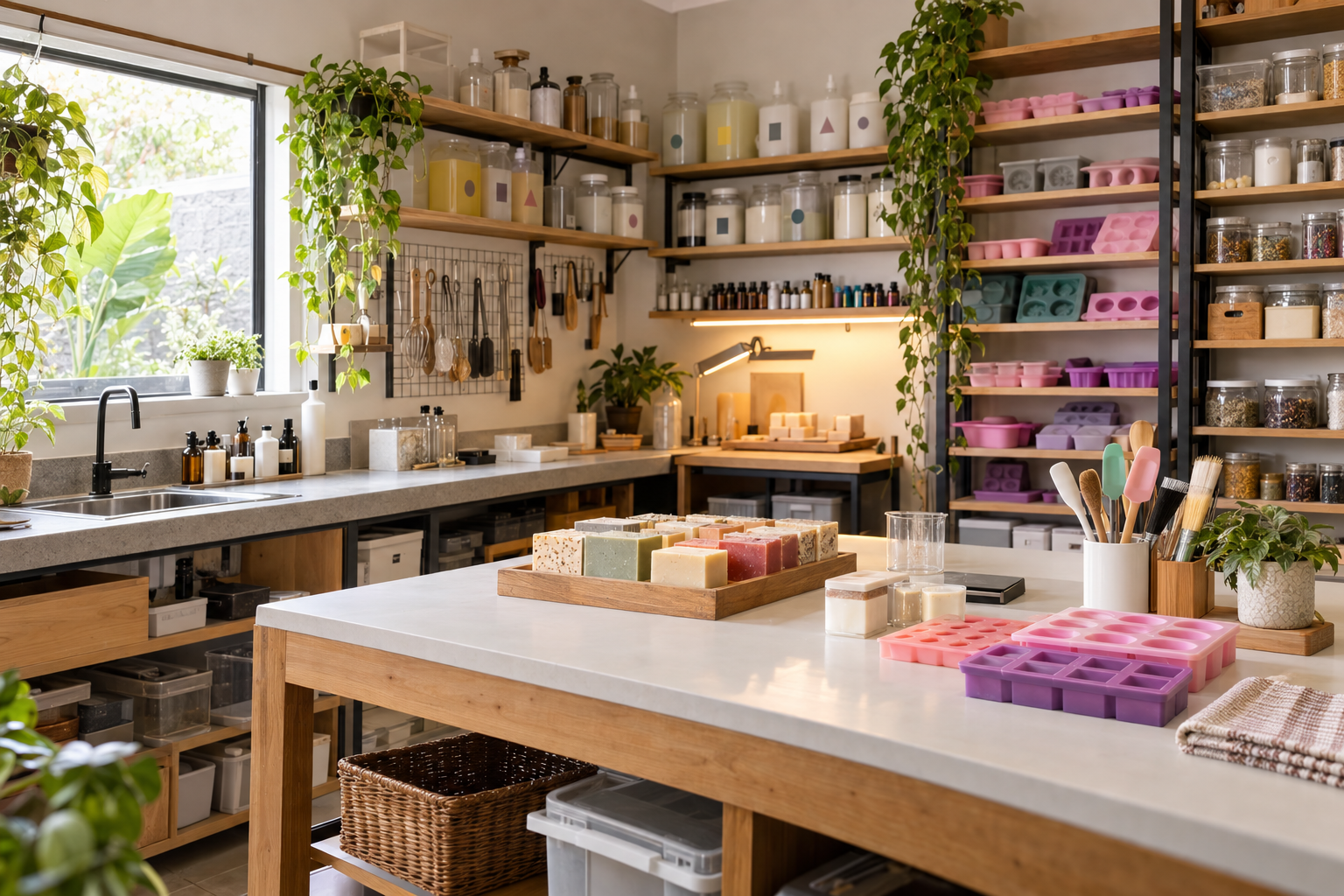 Espaço pequeno de produção artesanal organizado com bases, essências, moldes e utensílios
