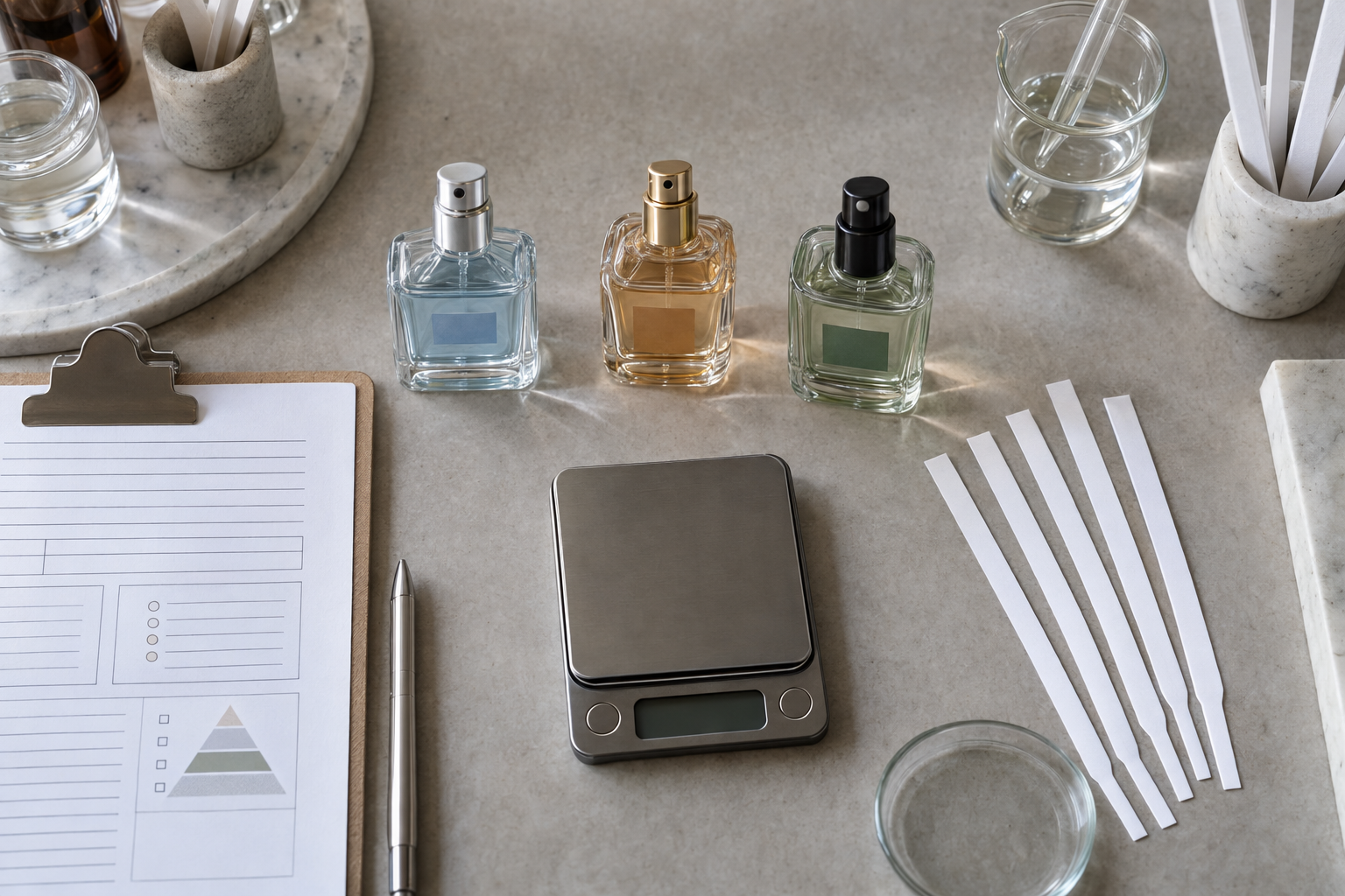Amostras e recipientes organizados para comparar os primeiros testes de perfume artesanal