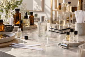 Bancada organizada com base, frascos, válvulas e materiais para testes de perfume artesanal