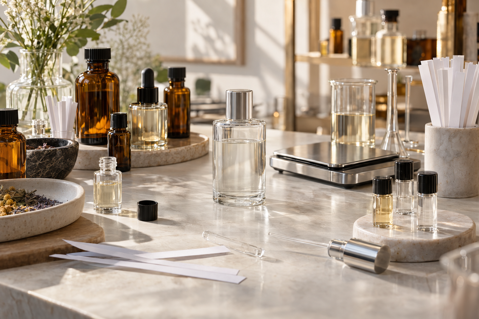 Bancada organizada com base, frascos, válvulas e materiais para testes de perfume artesanal
