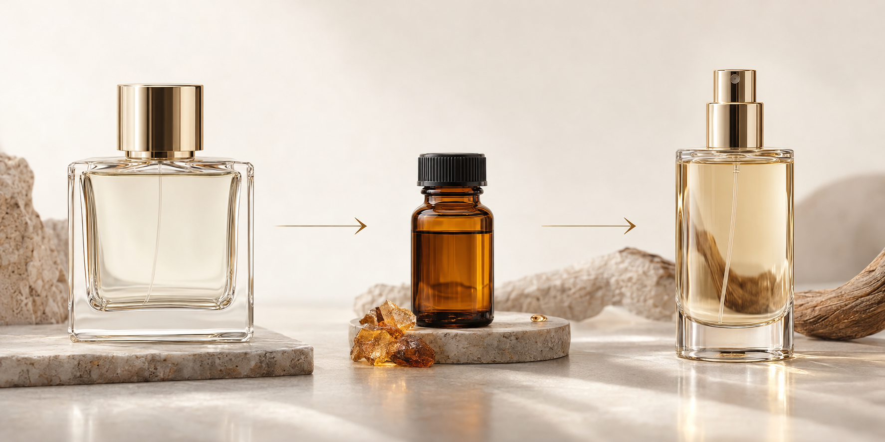 Representação das diferenças entre referência olfativa, essência concentrada e perfume artesanal pronto