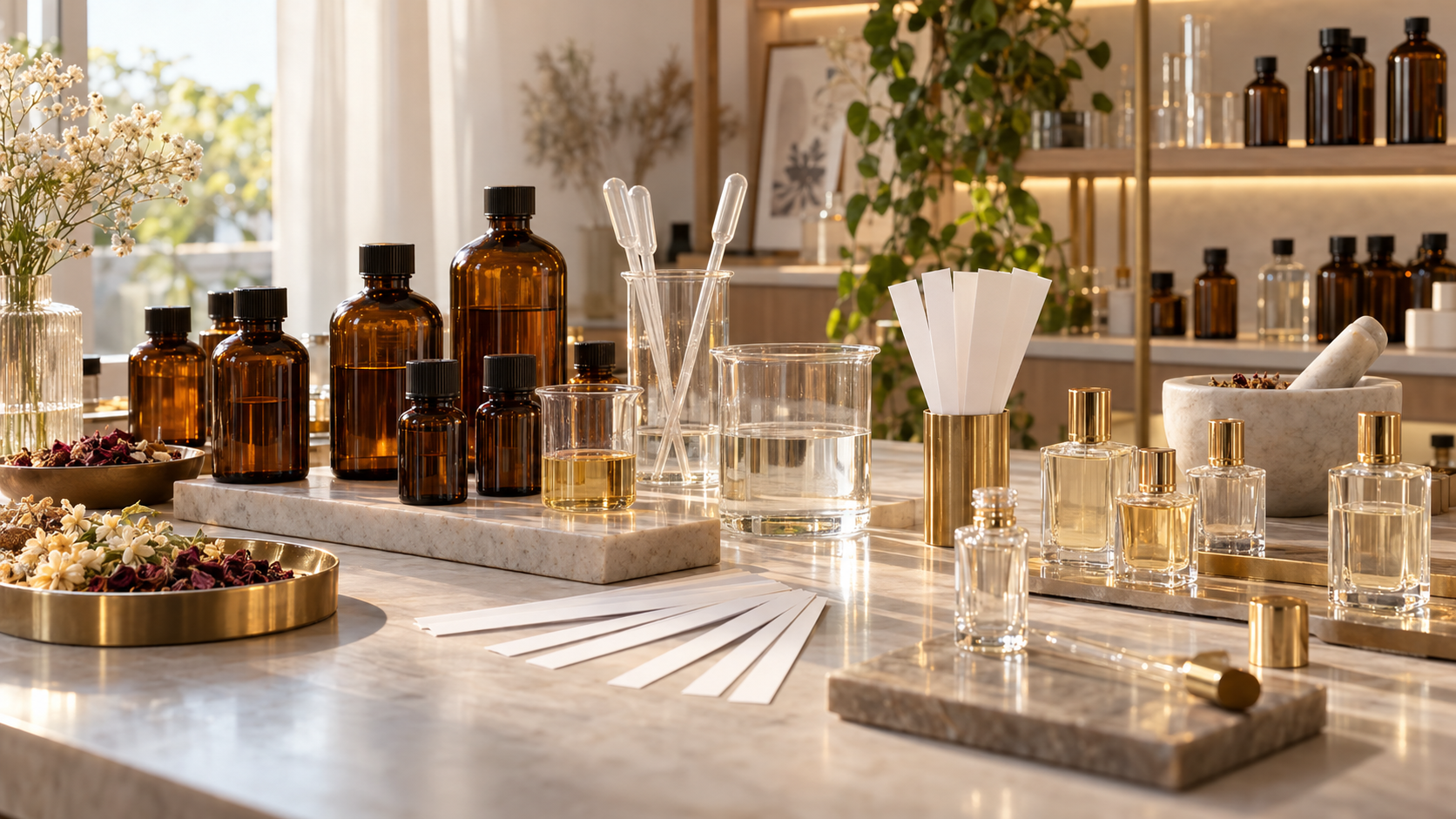 Bancada de perfumaria artesanal com essências, fitas olfativas e frascos de perfume